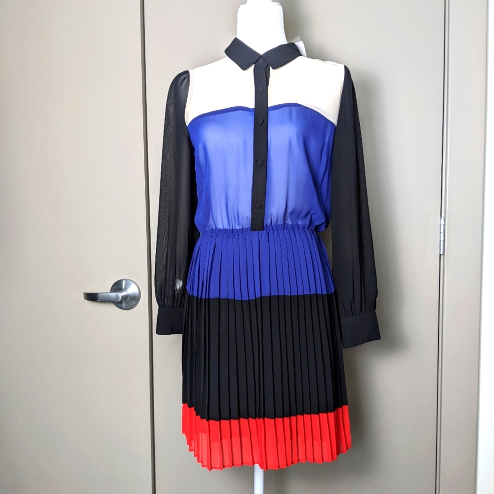 TOPSHOP colorblock button up shirt dress long sleeve stretch waist pleated skirt